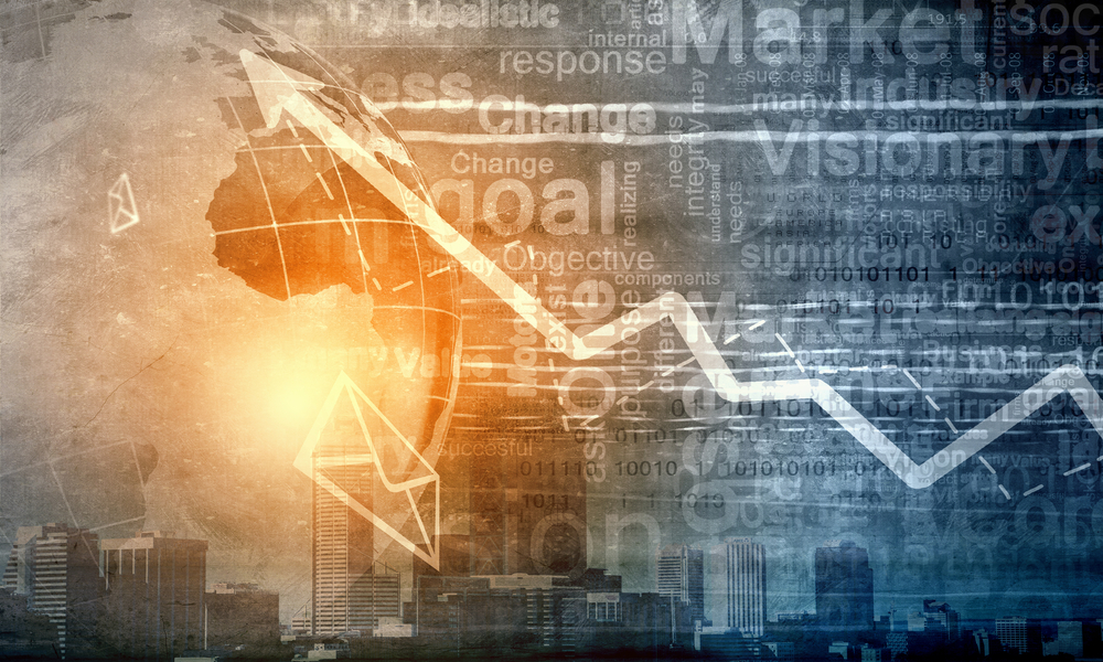 Double exposure of a city skyline and business growth charts, representing the future of B2B lead generation and sales growth in North America